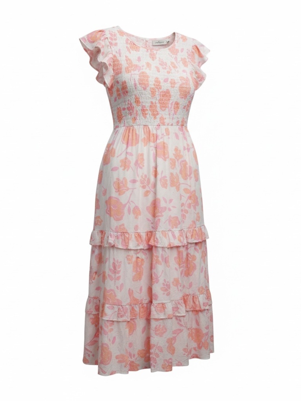 Vineyard Vines Dress Womens Pink White Smocked Maxi Floral Tiered Flutter sleeve